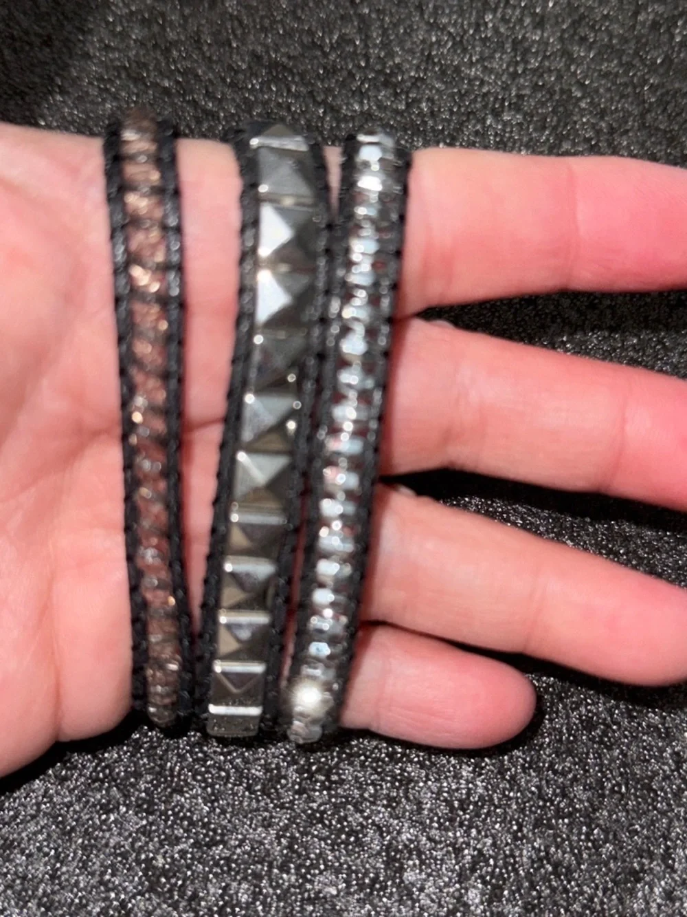 Triple Wrap Bracelet with Silver Studs and Rhinestones - Black